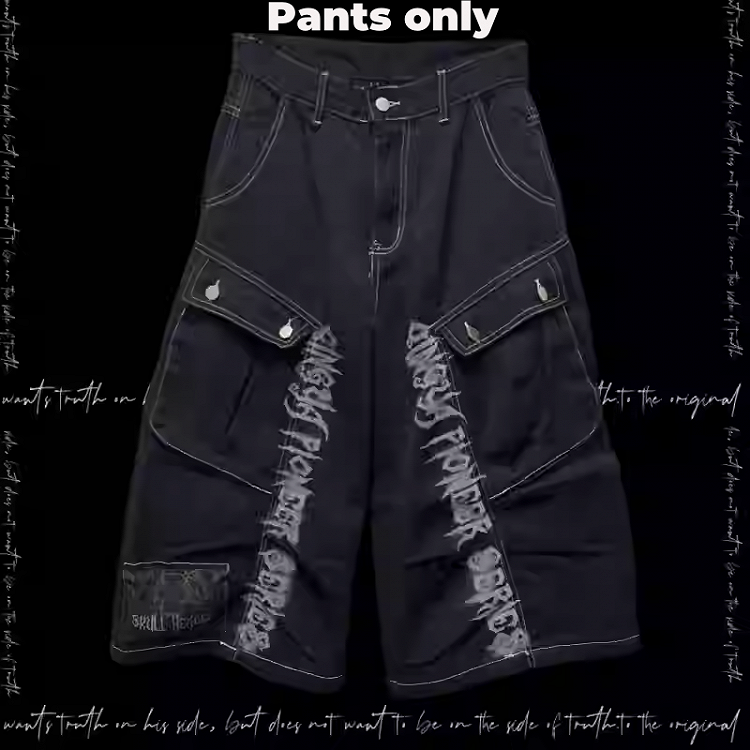 Jeans Schwarz Punk Print Vintage Weites Bein Cargo