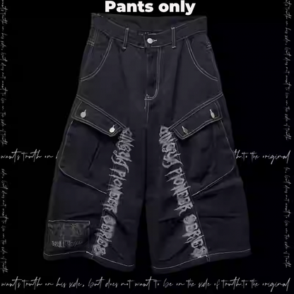 Jeans Schwarz Punk Print Vintage Weites Bein Cargo