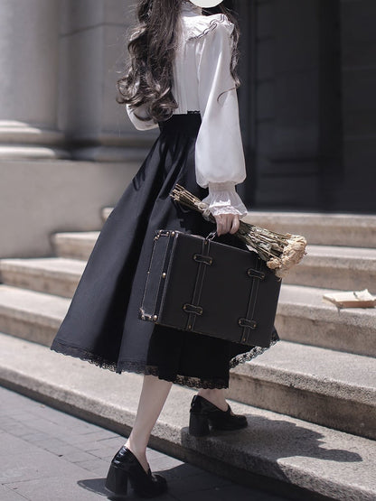 Long Kei Clean Faux Aesthetic with Flounce Innocent - White Elegant Neckline Two-Piece Tiered and Jirai Dress Black