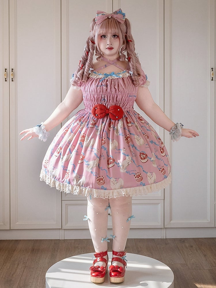 Sweet Kitty Mieder Lolita Print Einteiler gesmokt rosa elastische Schleifen und