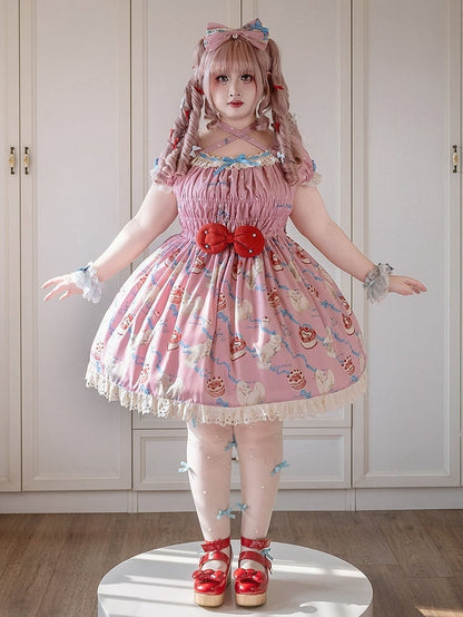 Sweet Kitty Mieder Lolita Print Einteiler gesmokt rosa elastische Schleifen und