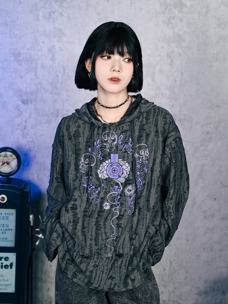 Print Distressed Gray Hoodie Gothic Brain Hole with Music Double-Layer