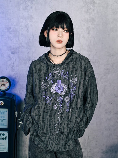 Print Distressed Gray Hoodie Gothic Brain Hole with Music Double-Layer