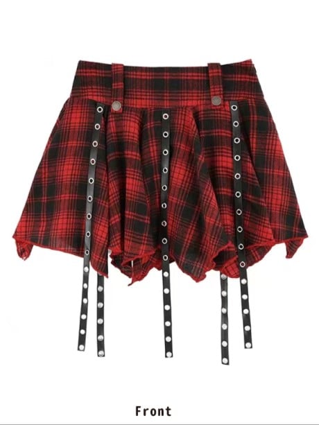 Straps + With Metal Grey Print Black Pleated Punk Top Red Buckle Heart Skirt Plaid