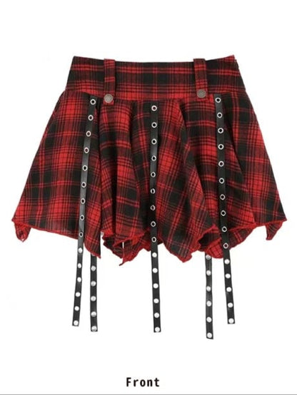 Straps + With Metal Grey Print Black Pleated Punk Top Red Buckle Heart Skirt Plaid