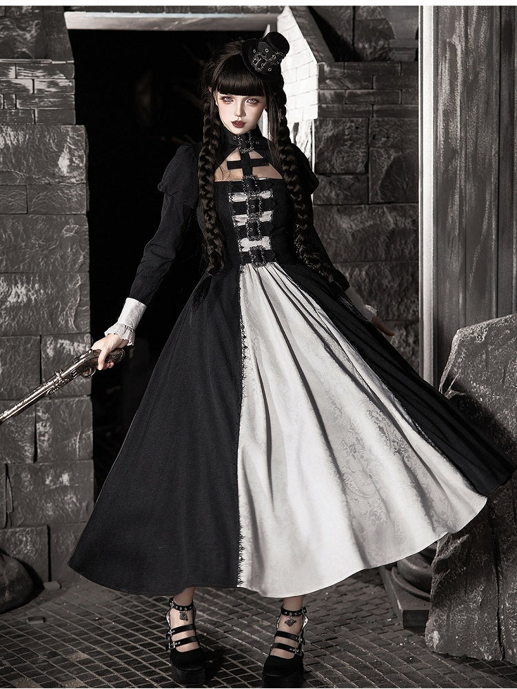 Black and White Gothic Long Lolita OP Gown with Metal Buckle and Mini Hat Set - With PUJI