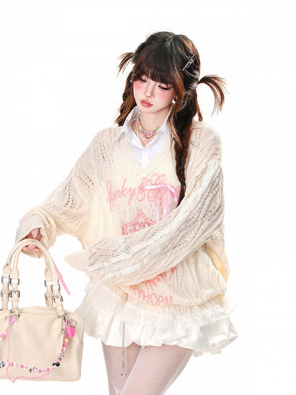 Aprikose/Schwarz Halbtransparent Polo Kragen Sonnenschutz Hohl-out Top Faux