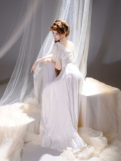 White Square Neckline Empire Dress Lolita OP with Bead Details - sanshanjiu
