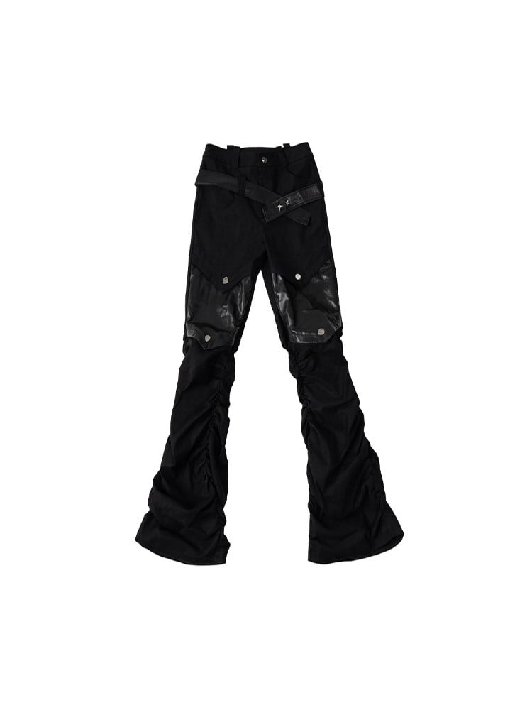 Patches  Belts Black Punk Denim Jeans With Studded PU Knee