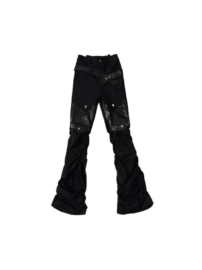Patches  Belts Black Punk Denim Jeans With Studded PU Knee