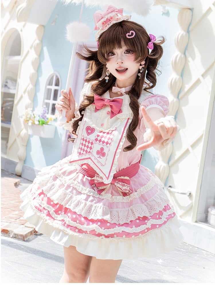 Lolita Bloomers Kawaii Layers Pink Trim Skirt Dress + Polka-dot Set JSK