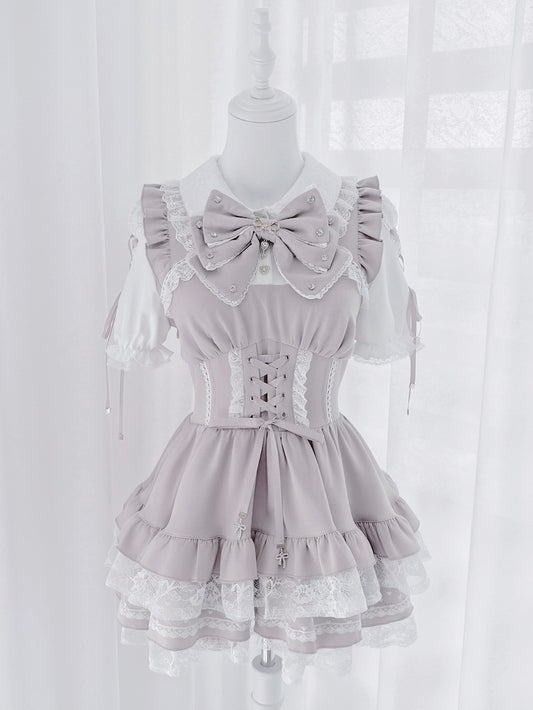 Pink and White Ryousangata Two-Piece Set with Lace and Ruffle - GingaU