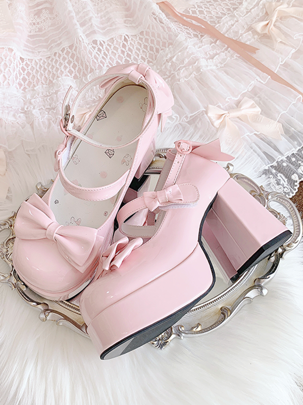 Rosa Lolita-Schuhe mit Schleife und Plateau und hohem Blockabsatz