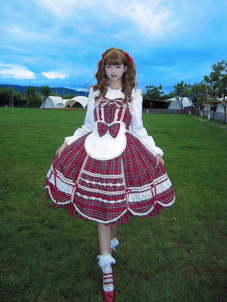 mit Akzenten Rock gewellter Pullover süß kariert Lolita Schleife Rand roter Besatz