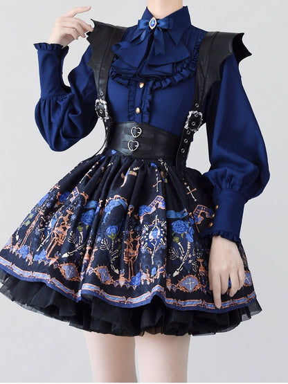 Vintage Navy Flounce Hem Lolita Blouse with Leg-of-Mutton Sleeves - Time Memory