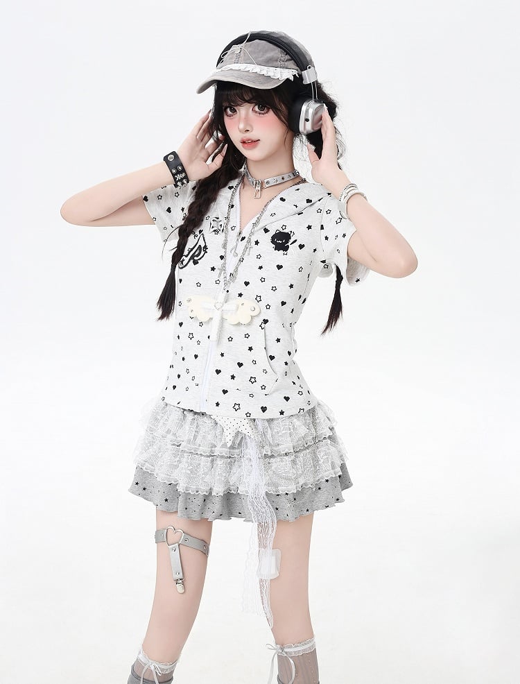 Rock Grau/Schwarz Elastische Taille Stern Applikationen Spitze Trim Tiered Strick Licht