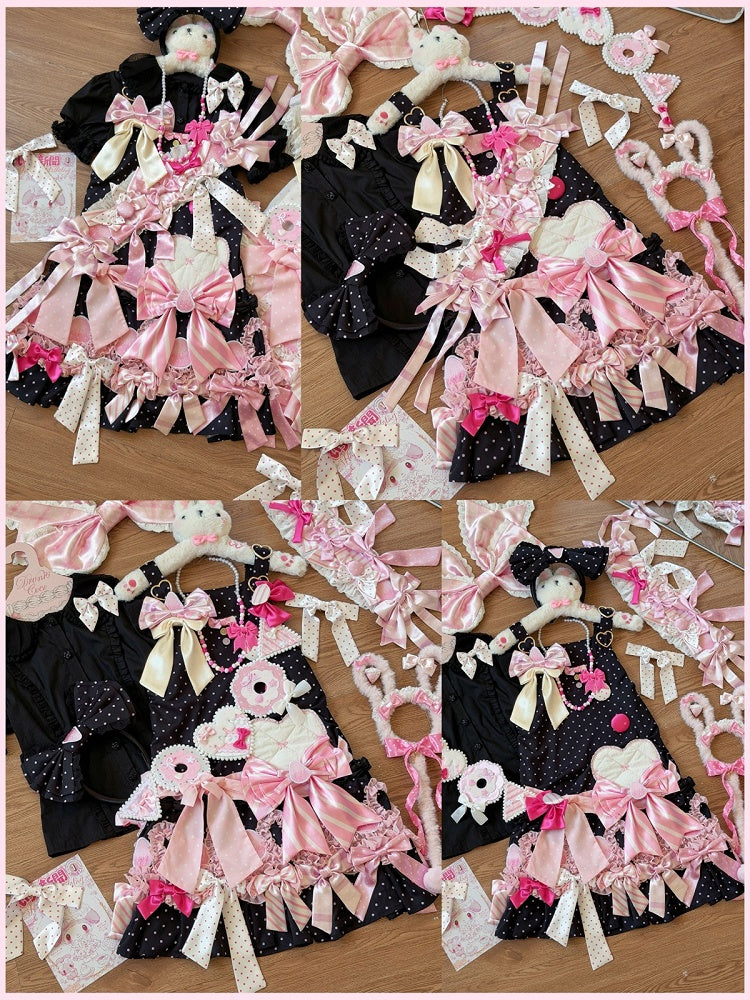Polka Dot JSK in Black and Pink with Adjustable Straps and Bows - sedef