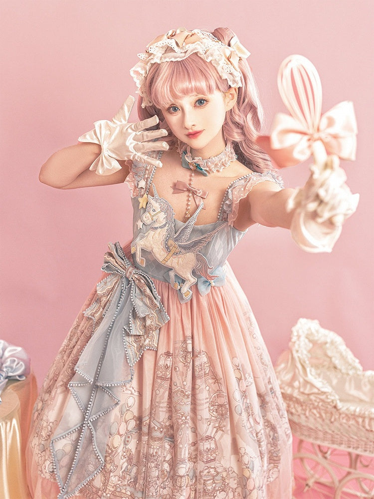 Amusement Park Themed Sleeveless Lolita Frock in Sweet Pink & Blue with Lace Choker - Xiong Dou Jiang