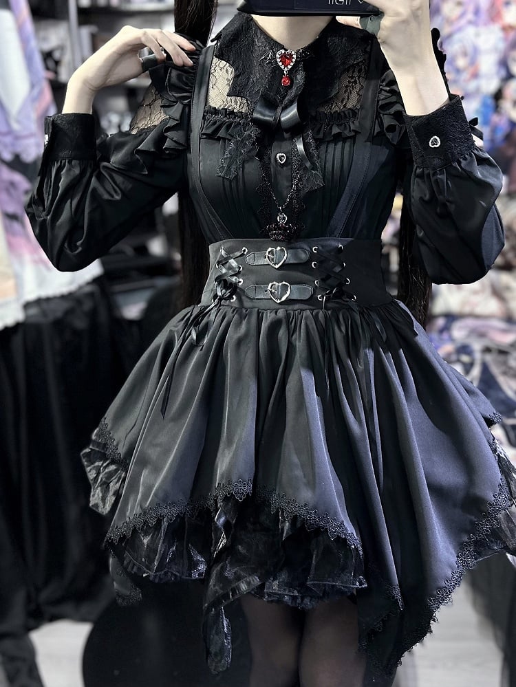 自来也景 ブラックバットウィング型襟レースパッチ地雷風シャツ