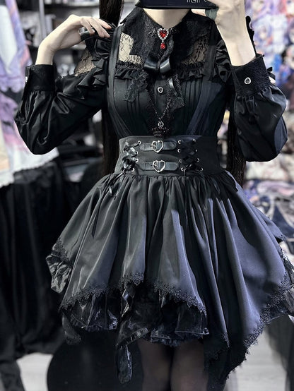 自来也景 ブラックバットウィング型襟レースパッチ地雷風シャツ