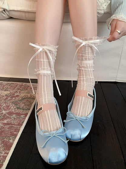 Sheer Striped Ankle Socks with Bowknot Details - Xi Shang Mei Shao