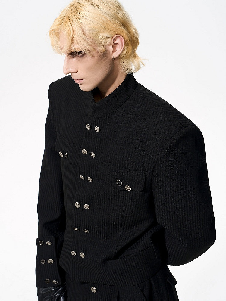 Stripe Black with Unisex Double-breasted Shoulders Padded Mock Button Placket Jacket Neck