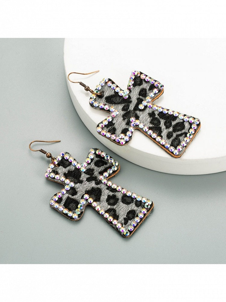 3-Color Y2K Leopard Print Cross Earrings with Rhinestone