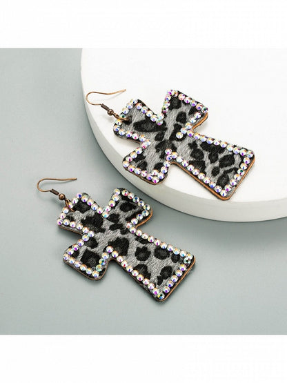 3-Color Y2K Leopard Print Cross Earrings with Rhinestone