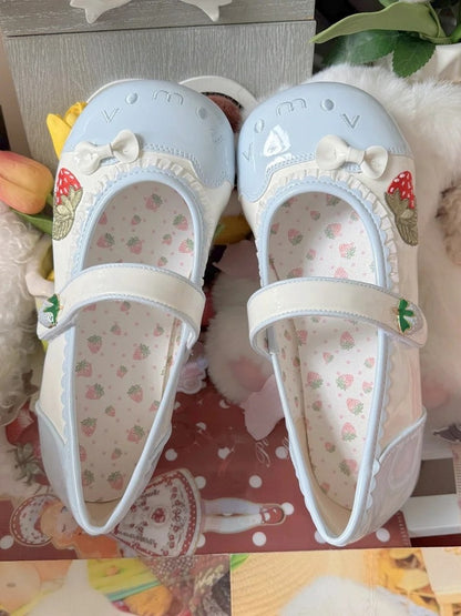 Lolita with Embroidery straps Strawberry Shoes Velcro Sweet Indoor Blue