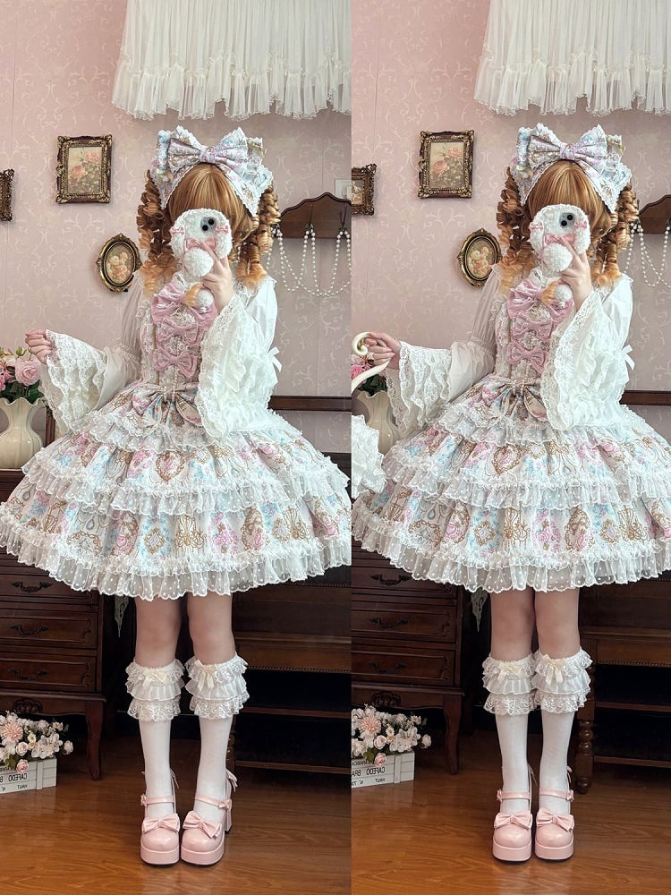 Apricot with JSK Floral Accents Bow Print and Chandelier Lolita Crystal
