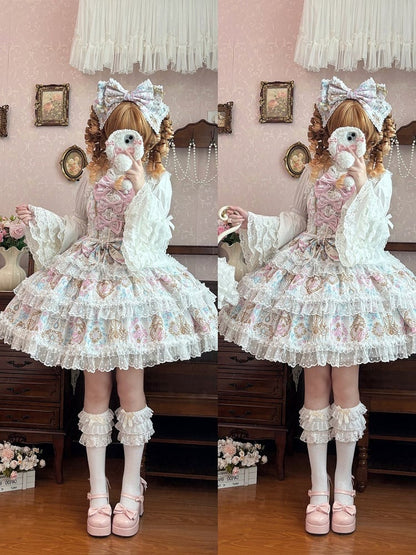 Apricot with JSK Floral Accents Bow Print and Chandelier Lolita Crystal