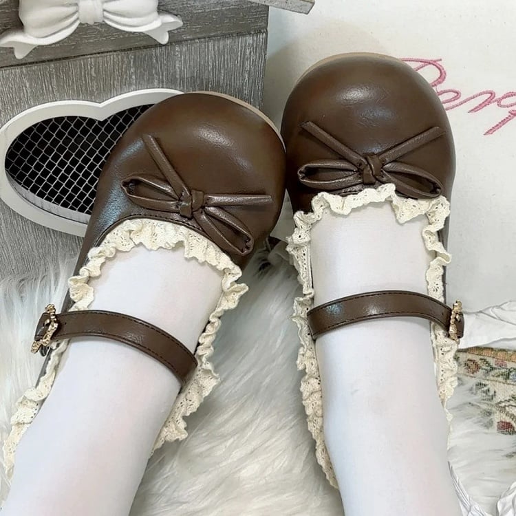 Sweet Janes Low-heel Mary Dark Closure Heart with Lace Lolita Trim Snap Brown