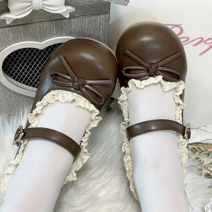 Sweet Janes Low-heel Mary Dark Closure Heart with Lace Lolita Trim Snap Brown