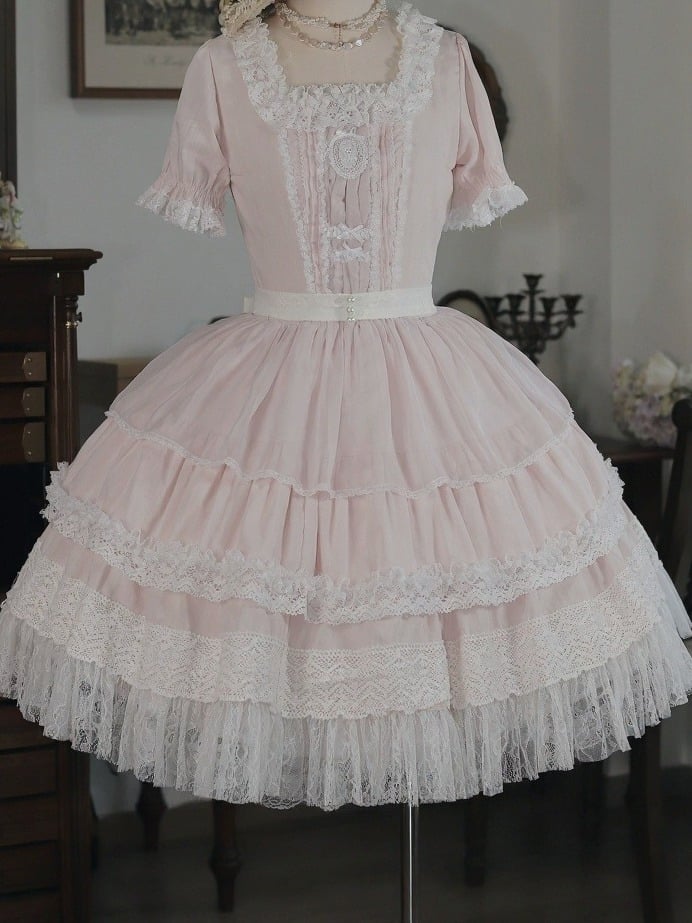 Light Pink Lace OP Dress with Bow Detail - Tiny Garden