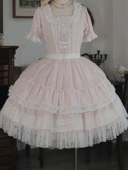 Light Pink Lace OP Dress with Bow Detail - Tiny Garden