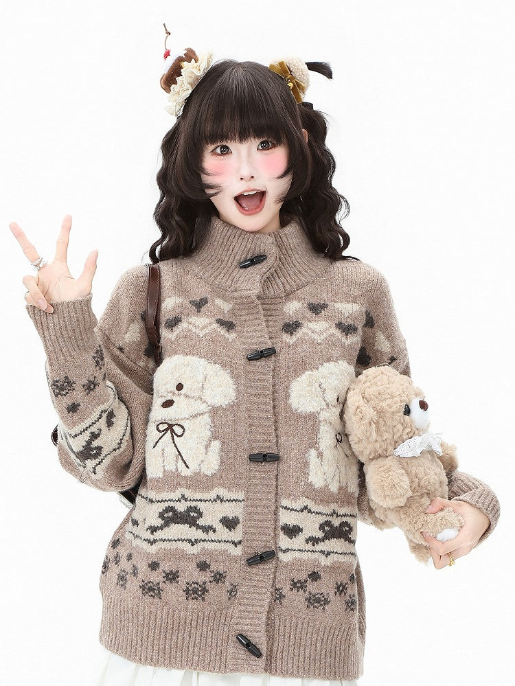 Brown/Grey with Toggle Pattern Buttons Daily Puppy Cardigan Coffee Kawaii