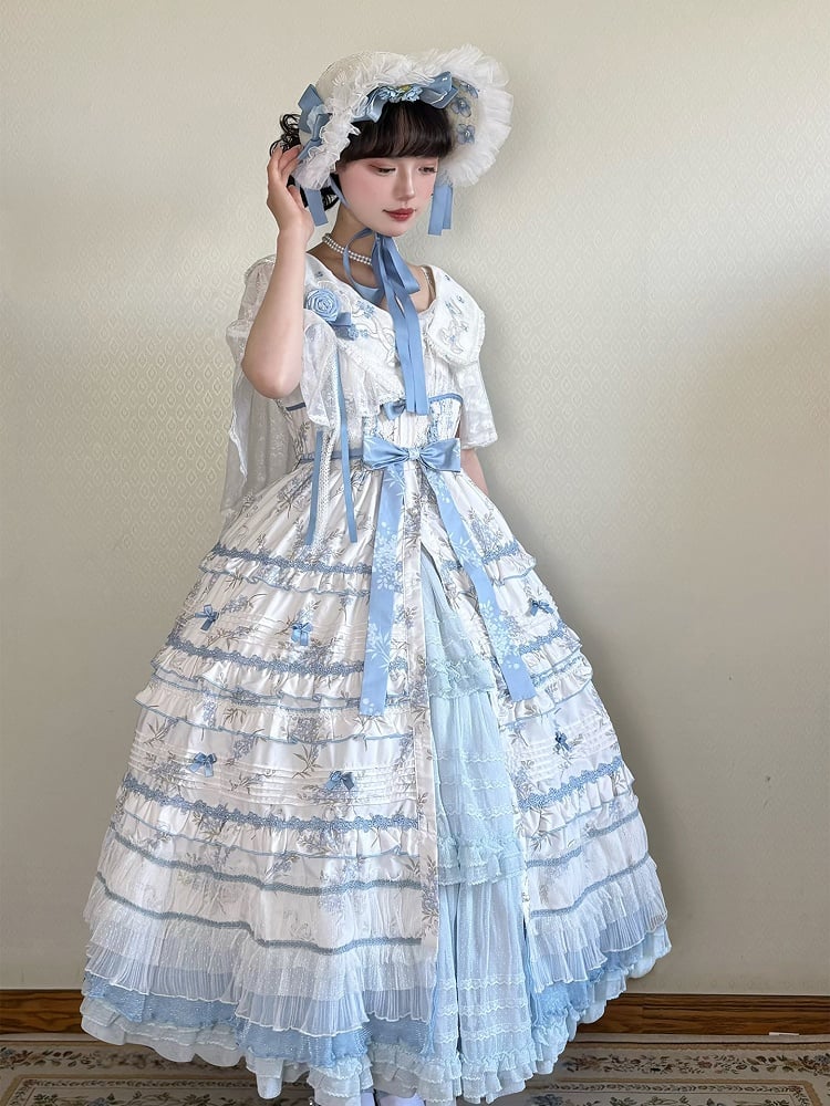 Ruffles White Floral Version Short Blue Lolita Classic Print Elegant Layered Dress