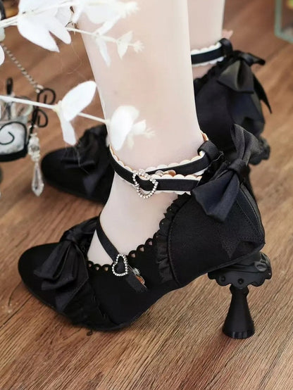 Heel Sculpted Mary Heart with Ruffle Trim Satin Lolita - Black Janes Crystal Elegant Closure