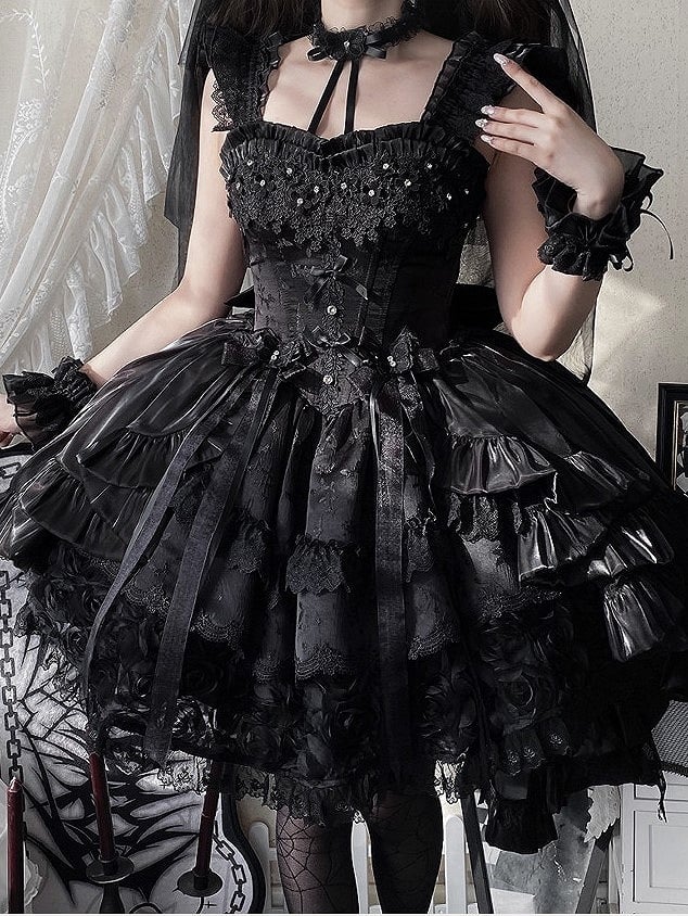 Jacquard Waist Blooming Lolita Basque Flower Accents Lace Hime Black Layered Fluffy Dress with