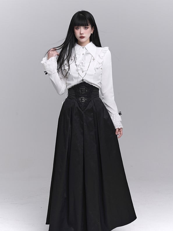 White Placket Waist Ruffled Adjustable Lace-up Goth with Blouse Victorian