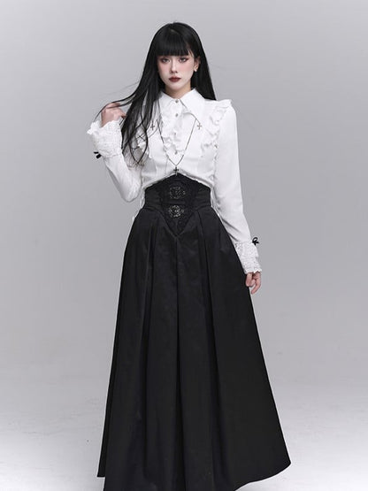 White Placket Waist Ruffled Adjustable Lace-up Goth with Blouse Victorian