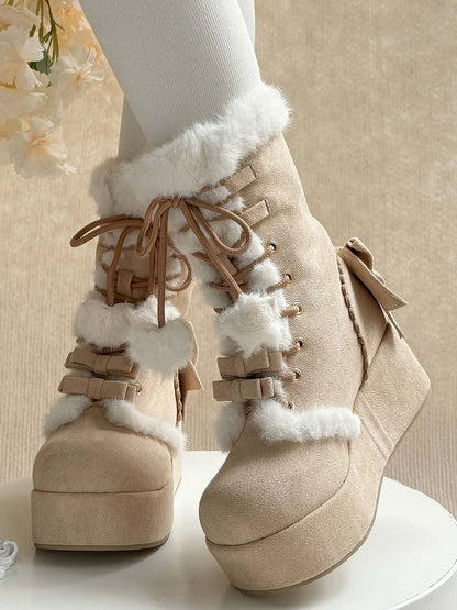 Fleece Lining Lolita Platform Sweet Brown Boots with 4cm Cozy