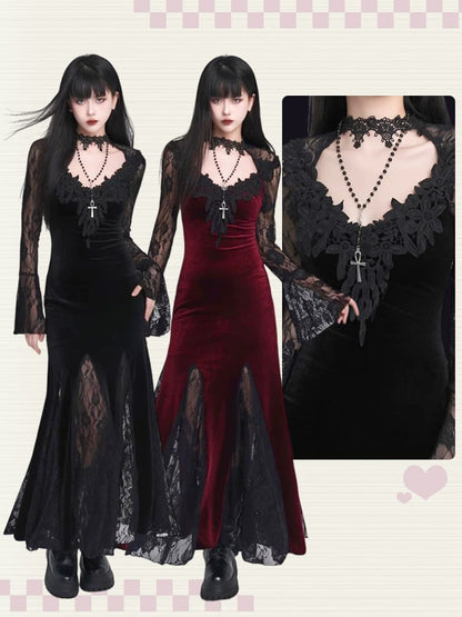 Black/Wine Red Gothic Lace Bell Sleeves Velvet Mermaid Dress
