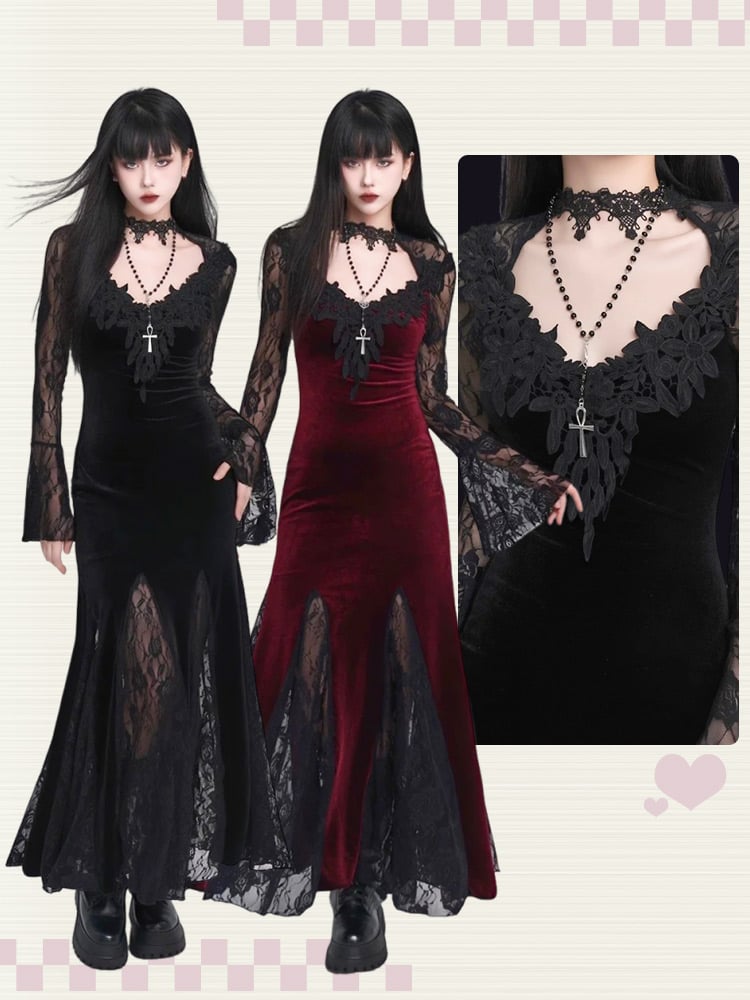 Robe sirène en velours à manches cloche et dentelle gothique noire/rouge vin