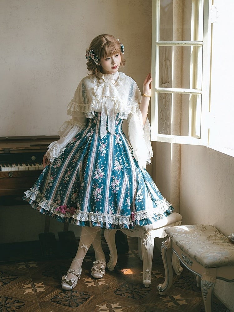 Teal Floral Print Bustier Lolita Dress with Back Lace-Up Detailing - Miss Cube Dressworks