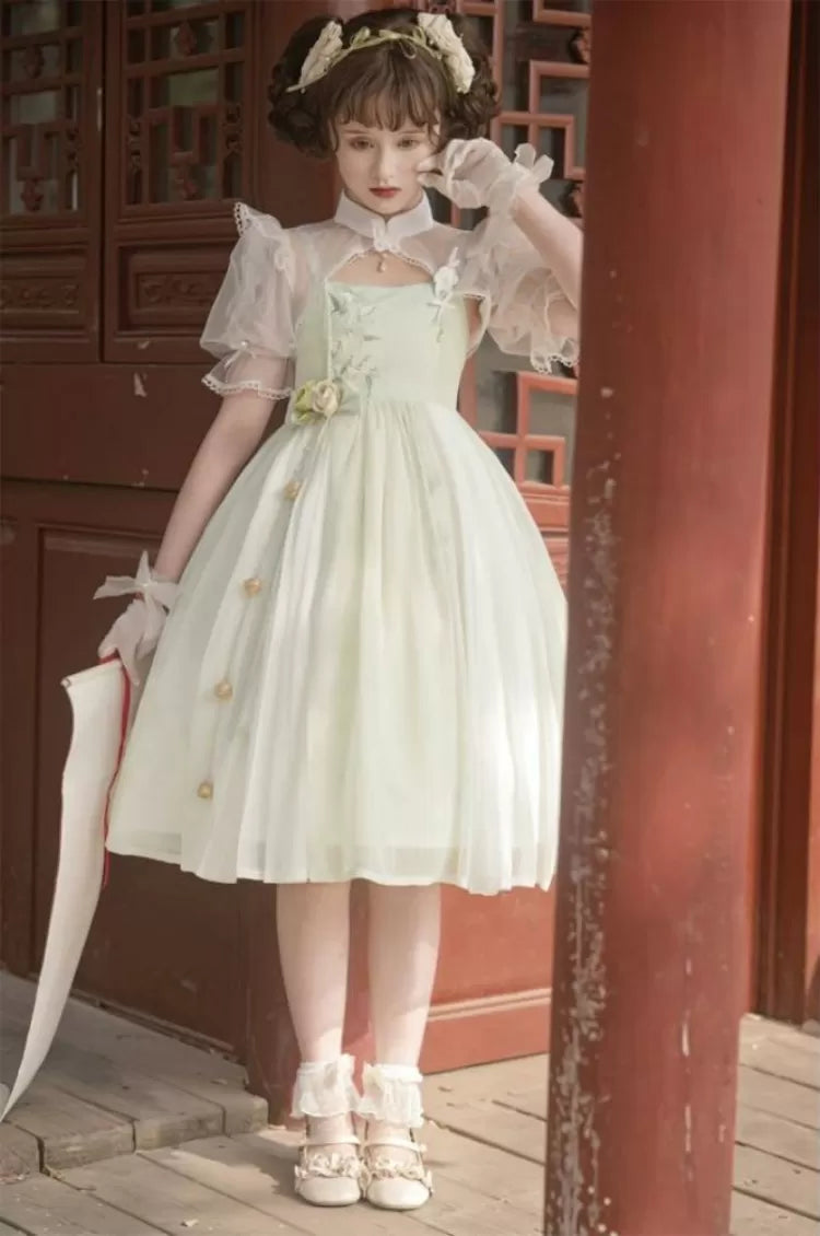 Banded Green Floral Embroidery Top Dress White Collar +