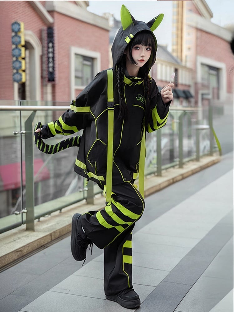 Black and Green Futuristic Cyber Techwear Buckle Straps Cat Ears Hooded Windbreaker Jacket