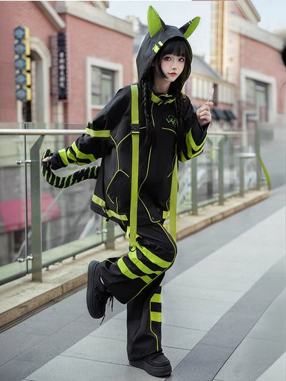 Black and Green Futuristic Cyber Techwear Buckle Straps Cat Ears Hooded Windbreaker Jacket