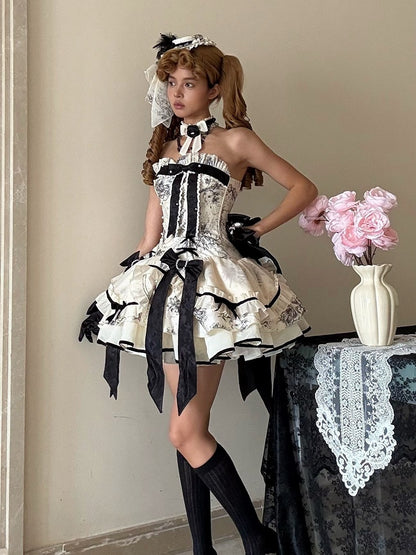 Elegant Classic Lolita Jumper Skirt with Pearl and Lace Accents - Magic Skirt Cat