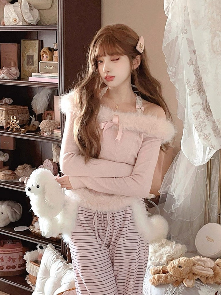Pink Off-Shoulder Knit Top With Faux Fur  Charming Bow Accent